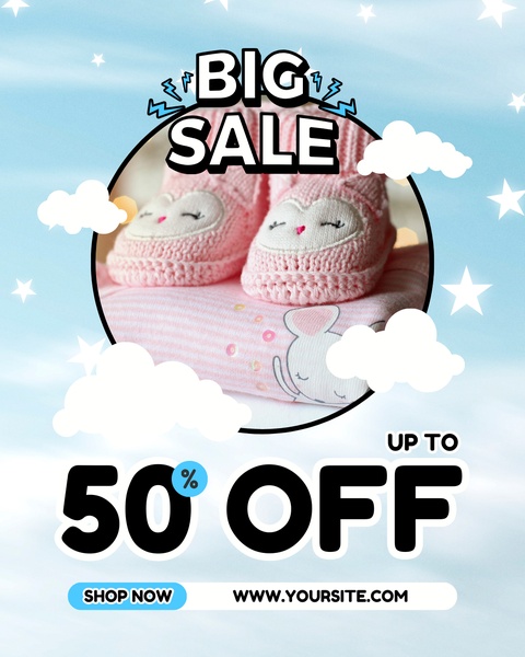 baby shoes, infant footwear, newborn shoes, soft sole shoes, crib shoes, sale promotion, modern typography, playful, blue, pink